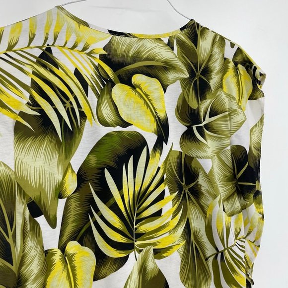 Laura Green and Yellow Botanical Leaf print flutter sleeve blouse keyhole neck S - Picture 4 of 12